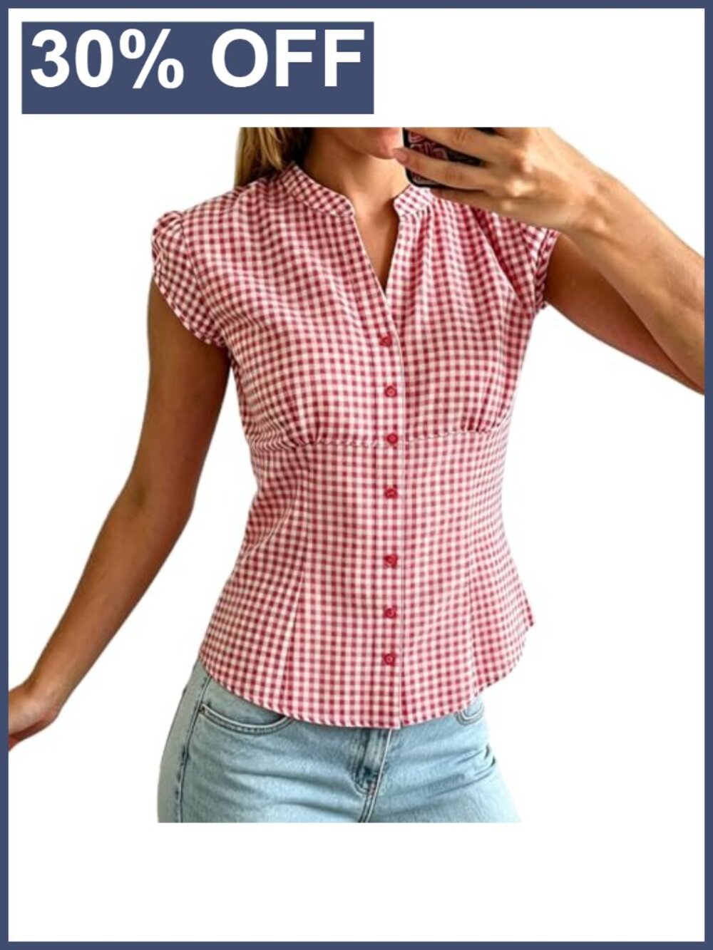 Women Cap Sleeve Gingham Plaid Button Down Shirt Cotton Blend Summer Retro Top